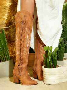 Cowgirl Boots For Women Knee High Boots Embroider Chunky Heel Pointed Toe Western Cowboy Boots With Side Zipper Comfy Outfit For Women Outdoor Indoor Shoes - 亮橙色 - 查看 7