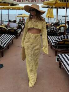 MORI Yellow Hollow Out Boat Neck Knit Long Sleeve Cropped Cover Up, Elegant Casual Beach Outfit; Two Pieces Set With Tie-Waist Maxi Knit Skirt, Comfortable Loose Fit Holiday & Daily Wear