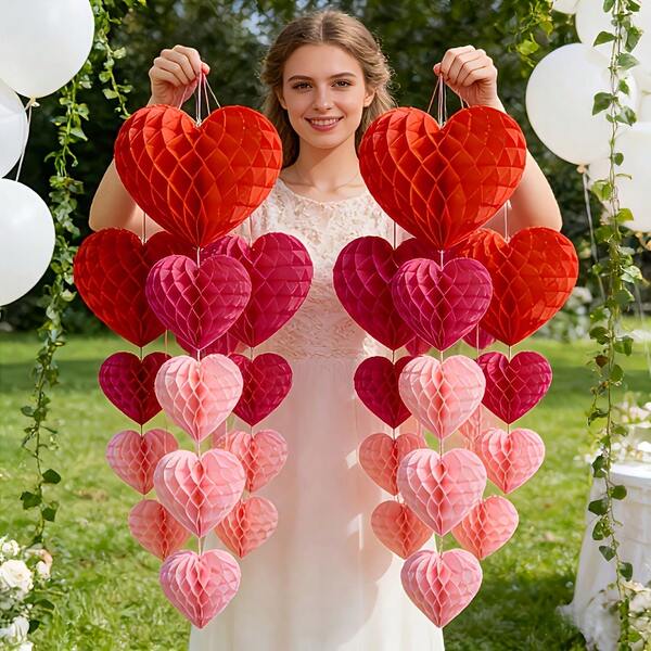 5pcs Red + 5pcs Pink Valentine's Day Theme Paper Flower Decorations, Including Honeycomb Balls, Heart Shapes And More, Can Be Used As Hanging Decorations. Versatile Use For New Year, Wedding, Engagement, Housewarming, Valentine's Day, Birthday, Anniversary And Various Parties. No Electricity Required. Holiday & Party Decor.