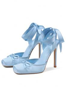 Women's Satin Ballet Stiletto High Heel Pumps Square Toe Elegant Bow Mary Jane Shoes Lace Up Lolita Cosplay Shoes Mary Jane Cute Goth Elegant Wedding Party Shoes For Women - 藍色 - 查看 2