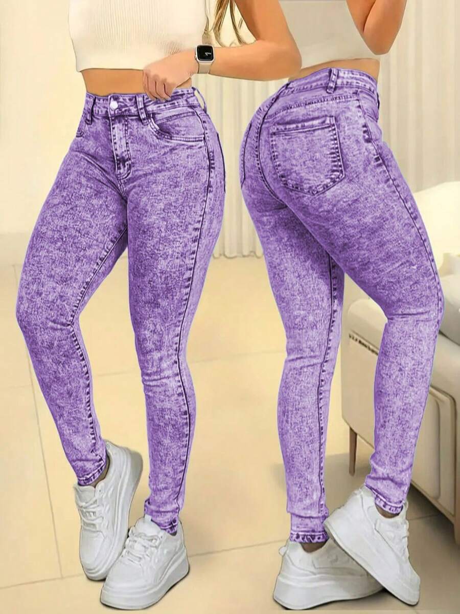 Women's Fashionable High Waist Slim Wash Light Blue Snowflake Craft Stretch Tight Casual Jeans  Plain    Pocket  Zipper  Button - 紫羅蘭色 - 查看 1