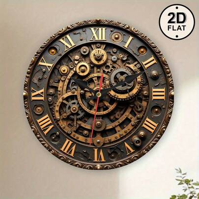 1 Piece Steampunk Industrial Wall Clock, Gear With Exposed Teeth - 9.84inch Large Round Silent Non-Ticking Quartz Movement, Gold And Black Retro Design, Japanese Mechanism, Battery Operated (AA Batteries Not Included) - Wooden/Plastic Frame, Suitable For Living Room, Bedroom, Office, Kitchen, Christmas And Halloween Decoration - Unique Steampunk Style Home Decor Clock With Roman Numerals, Mechanical Gears And Gold Hands, Modern Industrial Aesthetics SZ