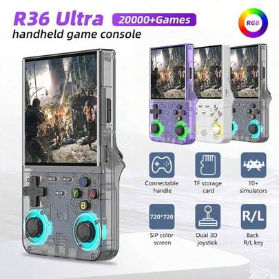 New R36 Ultra Handheld Game Console Is Equipped With Over 20000 Games And RGB Lighting Effects That Can Be Adjusted. It Supports 7 Types Of Lighting And Can Be Connected To WiFi. It Also Supports Dual Player Online Multiplayer With Multiple Colors To Choose From