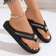 Women's Ruffle Double Flower Flip Flops, Thick Sole Outdoor Thong Sandals - Black - View 5