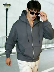 Áo hoodie nam màu trơn, áo nỉ có khóa kéo, áo dài tay, kiểu dáng thường ngày, thích hợp cho mùa thu. - Màu xám đen - Xem 5