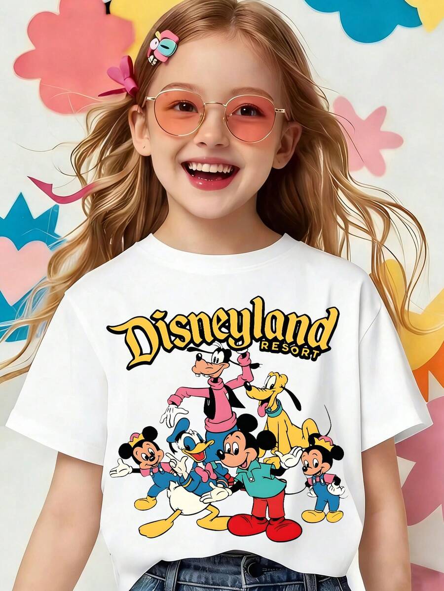 Authentic Disney Disneyland-Themed Kids' T-Shirt: The White Base Prints The 'Disneyland RESORT' Logo And Mickey Family Gathering Design. The Retro  Style Covers Kids' Daily Casual And Outing Wear - 白色 - 查看 1