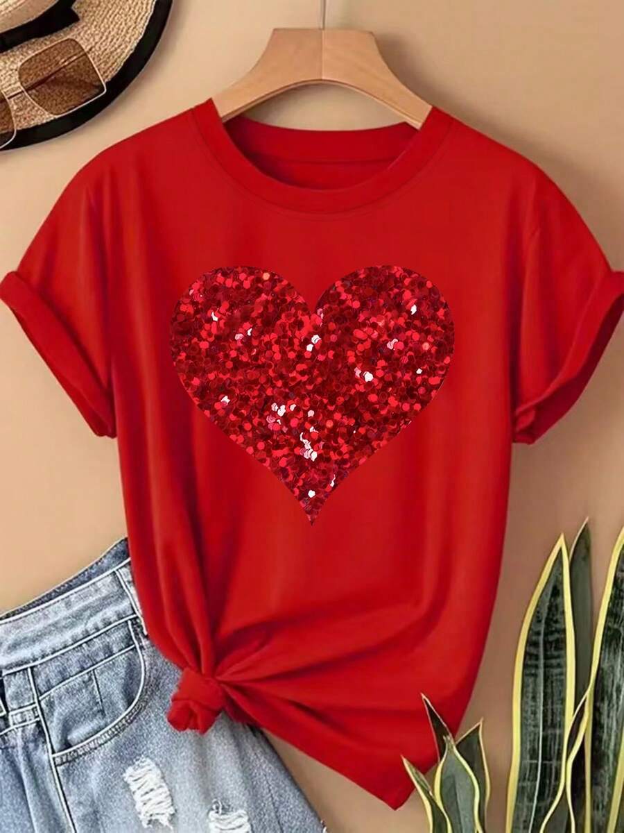 2026 New Red Sequin Heart Print T-Shirt, Casual Round Neck, Stretchy Fabric, Regular Length, Valentine's Day Outfit, Suitable For All Seasons - Red - View 1