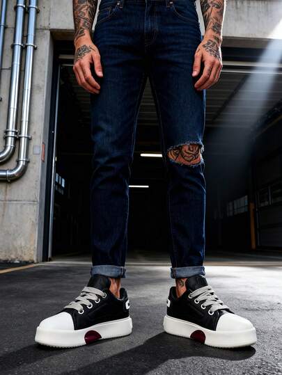 Black Vintage Men's Sneakers, Thick Sole Versatile INS Fashionable Niche Men Sports Shoes, Youth Men Flat Casual Skate Shoes