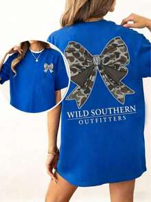 Vintage Camo Bow Hunting Shirt, Wild Southern Camo T-Shirt,Simply Printed Graphic Shirt,Daily Casual Womenswear-Unisex Street-Style Cotton T-Shirt Top - 藍色 - 查看 12