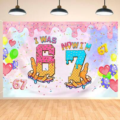 1 قطعة خلفية عيد ميلاد لطيفة وممتعة لأعمار 6-7 سنوات، لافتة احتفال كبيرة وحلوة، ديكور حفلة عيد الميلاد، خلفية طاولة الكعكة، خلفية تصوير، مصنوعة من البوليستر، ديكور جدار الحفلة، ديكور داخلي وخارجي.