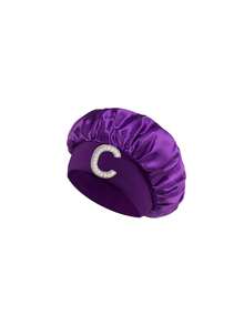 儿童A-Z字母图案弹性宽檐丝滑缎面睡帽 - 安全贴合，保护头发，超柔软透气设计，带防滑内圈 - 紫色 - 查看 6