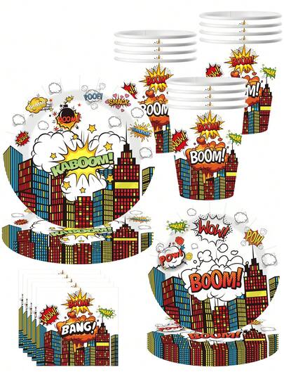 Bộ 10 món đồ dùng tiệc chủ đề anh hùng: đĩa, khăn ăn, cốc, đồ dùng ăn uống dùng một lần, biển hiệu hành động anh hùng, đồ dùng tráng miệng, bánh ngọt, bánh kem, dành cho bé trai và bé gái, thích hợp trang trí sinh nhật, tiệc mừng em bé chào đời.
