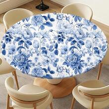 Round Tablecloth Fitted Elastic Edge Patio Table Covers Wrinkle Resistant Polyester Table Cloth For Picnic Camping Indoor And Outdoor,Blue Flowers Retro 45\-56\,56inch(Round),Blue/White - 藍色/白色 - 查看 5