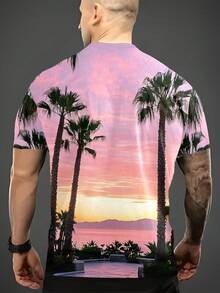 Men's Tropical Sunset Palm Tree Print 3D Digital Graphic T-Shirt - Pink & Purple Gradient Full-Body Design, Breathable Crew Neck Short Sleeve, Regular Fit Casual & Sportswear, Machine Washable, Summer Apparel, Comfortable Wear, PLUS SIZE - 混合色 - 查看 3