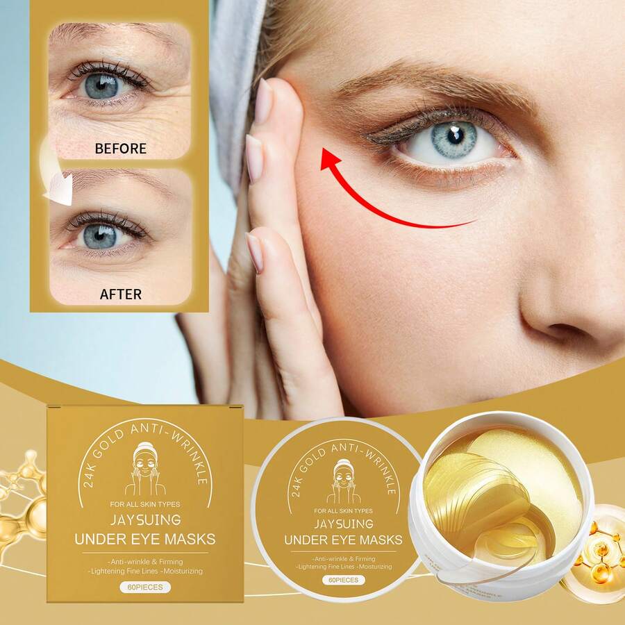 JAYSUING Parches Oculares de Colágeno con Partículas de Oro - 60 unidades.Mascarillas para la cara Tratamiento Intensivo para Reducir Ojeras, Hinchazón y Líneas de Expresión. Hidratación Profunda, Efecto Lifting y Piel Firme. Textura Suave y Adecuada para Todo Tipo de Piel.