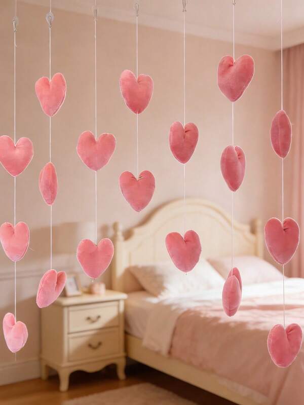 1Set Pink Heart Shaped Door Hanger Self-Adhesive Light Pink Fluffy Door Curtain With Heart-Shaped Beads Cute Plush Fabric Door Decor, Suitable For Girls' Bedroom Valentine's Day Party Decoration Soft Pastel Color Door Divider, Washable, No Tools Required, Includes Hanging Rings, Suitable For Shower Area And Room Decor, Pink & White Heart-Shaped Design