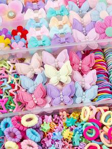 10/100/822pcs Candy-Colored Cute Girl Hair Accessories Set, Including Pearl Butterfly Hair Clips, Fabric Flower Hair Clips, Imitation Orchid Side Clips, Solid Color Bow Claw Clips, Five-Petal Flower Hair Scrunchies, Y2K Star BB Clips, Mini Claw Clips And Bubble Towel Elastic Hair Bands, Suitable For Girls' Daily, Party, And Outings, Essential For Sweet Dopamine Hairstyles - Multicolor - View 4