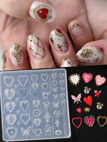 1个巴洛克风格硅胶美甲模具，DIY婚礼美甲模板，带3D心形蝴蝶图案，适用于波西米亚风美甲、美甲沙龙用品，可重复使用，情人节美甲印花工具 - 無色 - 查看 4
