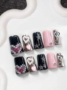 Bộ 10 móng tay nghệ thuật dễ thương và cá tính, móng giả acrylic, hình trái tim rỗng màu trắng, hình ngôi sao năm cánh bóng, hình trái tim 3D đáng yêu, phụ kiện móng tay đính đá tròn màu trắng, dụng cụ làm móng, móng giả thủ công. - Nhiều màu - Xem 13