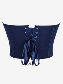 深V领无肩带束身胸衣，后背系带，塑形收腹，打造纤细身形。 - 寶藍色 - 查看 3