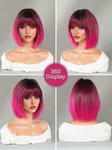Tóc giả ngắn màu hồng ombre thẳng, dài 12 inch, chất liệu sợi tổng hợp chịu nhiệt, dành cho nữ, thích hợp cho sử dụng hàng ngày, dự tiệc, cosplay và lễ hội. - Màu hồng ombre - Xem 6