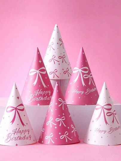 6 Pink Bow-Themed Party Paper Hats. Cute And Pretty Pink Bow Designs, Perfect For Birthday Parties, Gender Reveal Parties, Birthday Gifts, Pink Bow-Decorated Birthday Hats, Babyshower Photography Props, Party Favors, And Gender Reveal Party Decorations. Popular Pink Bow Design.