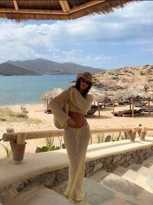 MORI Yellow Hollow Out Boat Neck Knit Long Sleeve Cropped Cover Up, Elegant Casual Beach Outfit; Two Pieces Set With Tie-Waist Maxi Knit Skirt, Comfortable Loose Fit Holiday & Daily Wear