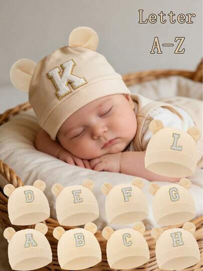 1pc Cartoon Bear Ear Newborn Baby Hat, 26 Letters, Soft Unisex Baby Cap, Solid Color, Baby Photography, 0-3 Months