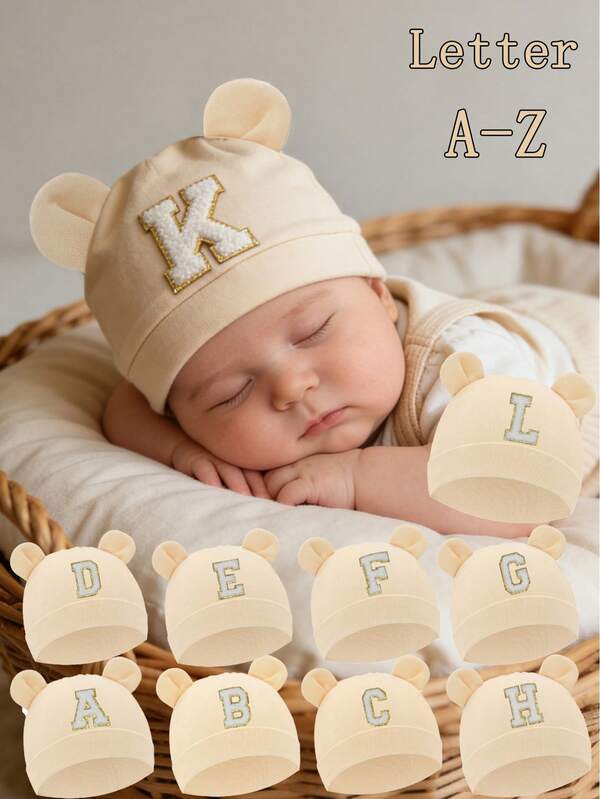 1pc Cartoon Bear Ear Newborn Baby Hat, 26 Letters, Soft Unisex Baby Cap, Solid Color, Baby Photography, 0-3 Months