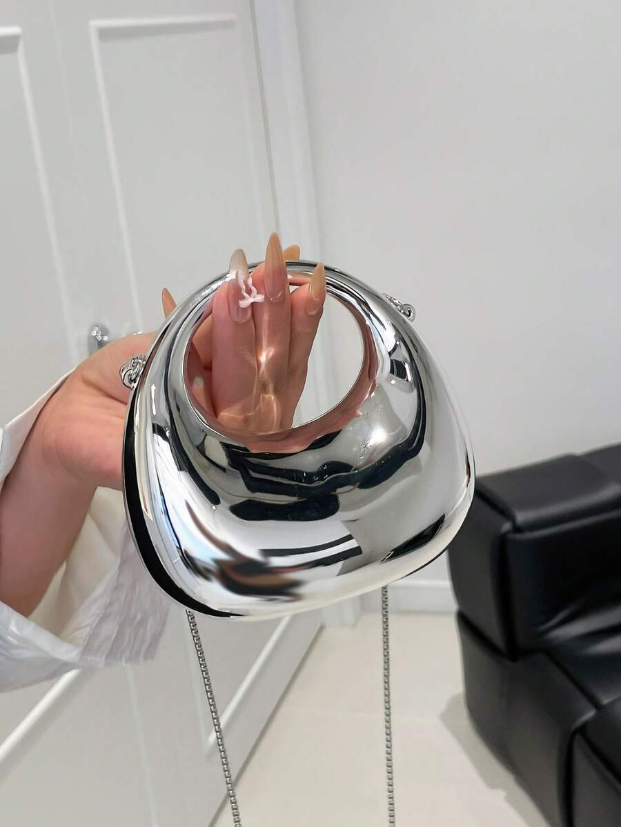 Túi xách dự tiệc hình tròn màu kim loại thời trang, túi xách tay hình tròn có vòng khuyết, túi đeo vai/đeo chéo đa năng.