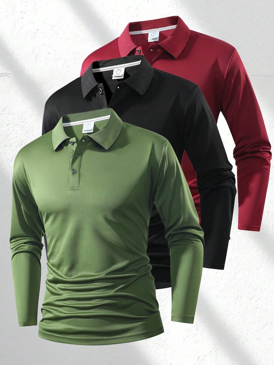 Camisa polo de manga larga de corte slim, de unicolor y diseño de cuello con botones, adecuada para uso diario y oficina. Polo deportivo de Pascua