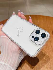 1个时尚爱心飞机图案奢华水钻镶边透明全包覆TPU手机壳，兼容 11/12/13/14/15/16/17 Pro Max，生日礼物 - 白色 - 查看 5