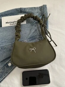 1pc Green Nylon Fabric Smooth Zipper Bow Decor Drawstring Strap Design Fashion Versatile Casual Solid Color Minimalist Unique Shoulder Bag, Suitable For Women's Daily Use - Green - View 5