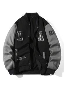 Men's Letter Print Baseball Jacket And Sweatpants Set, Autumn/Winter - Black - View 3