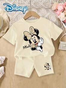 2pcs Disney Mickey Mouse Minnie Letter Print Summer Short Sleeve T-Shirt And Shorts Set, Cute Outfit For Kids, Casual Vacation, Solid Color Elastic Waist Shorts, Outdoor Wear - 杏色 - 查看 1