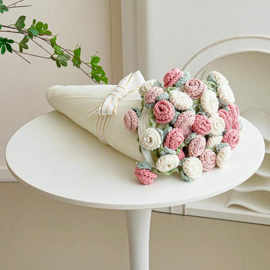 Crochet Flower Bouquet Throw Blanket, Handmade Knitted Blanket With Rose Flowers, Cute Romantic Gift For Her Girlfriend Mom Mother's Day Valentine Wedding Anniversary Birthday, Pink And White - Rose Pink - 查看 1