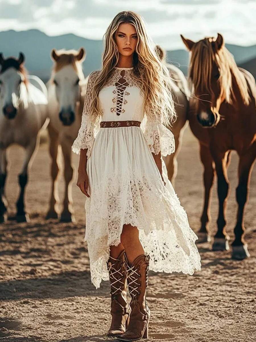 Women's Bohemian Maxi Dress Classic Western Retro Style Hollow Lace Maxi Skirt Irregular Lace Splicing Hem Women's Long Dresses - 白色 - 查看 1