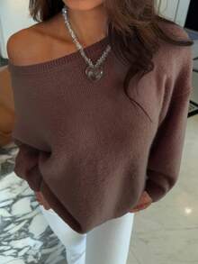 女士新款休闲纯色宽松露肩长袖毛衣，浪漫粉色，春季超大针织上衣 - 棕色 - 查看 5