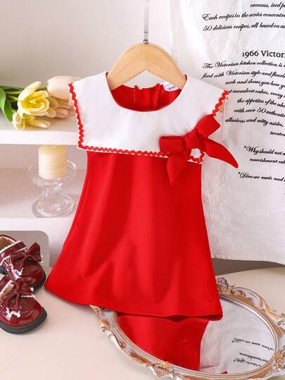 Baby Girls' Vintage Elegant Patchwork Peter Pan Collar 3D Bow Sleeveless Dress, Summer
