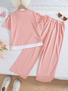 2pcs/Set Girls' Casual Outgoing Fashion Bow Letter Contrast Color Print Decor Dropped Shoulder Short Sleeve Top And Pants Set, Spring/Summer - Pink - View 2
