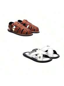 Kit 2 Pares Sandália Fechada Franciscana Percata e Chinelo Trançado X Masculino em Couro Legitimo Premium Blaqueada Palmilha 4MM Maior Conforto e qualidade Anatômico Ortopédico Leve macio e confortável - Marrom e branco - Visão 2