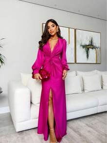 Sexy Elegant Party Twisted Side Opening Button Wedding - Màu Hoa hồng đỏ - Xem 2