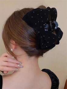 1 pieza Clip de pelo de mujer de terciopelo de unicolor con strass, gran lazo de doble capa, elegante y dulce para la escuela, fiesta, baile y uso diario, accesorio de moda para el cabello de mujer, elegante pinza para el cabello - Negro - Ver 5