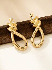1 Pair Fashionable & Elegant Metal Rhinestone Knot Stud Earrings For Women, Everyday Wear - Yellow Gold - View 3