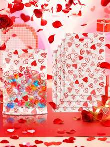 100/50/1件装爱心主题印花手提包礼盒套装，情人节小物件包装袋，透明塑料材质，情人节伴侣礼物手提包，甜蜜浪漫便携款，心形图案全印花 - 彩色 - 查看 2