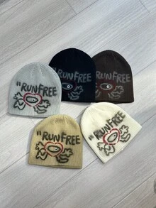 1顶男士保暖针织帽，印有“Run Free”英文涂鸦图案，秋冬季款 - 塗鴉run free針織帽 - 查看 1