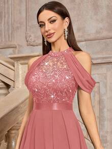 MIUSOL High Neck Elegant Sequin Floral Lace Off-Shoulder Maxi Dress, Women's Graceful Party Gown Suitable For Wedding Guest, Vacation, Graduation Ceremony, Formal Dinner And Other Occasions - Dusty Pink - View 10