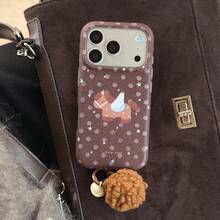 极简半封闭双层棕色底波点星形翅膀小马绒球吊坠手机壳，兼容苹果17 Pro Max、16 Pro Max、15 Pro、14、13，可爱时尚，适合女生 - 棕色 - 查看 4