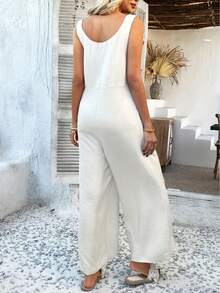 Casual Solid Color Polyester Knotted Button Jumpsuit, Summer Vacation Elegant - Apricot - View 2