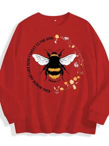 Bee Print Sweatshirt, Long Sleeve Crew Neck Casual Sweatshirt For Fall & Spring, Women's Clothing Christmas Outfit Women Christmas Sweatshirt Fall Clothes For Women Winter Clothes For Women Christmas Decor - 紅色 - 查看 14